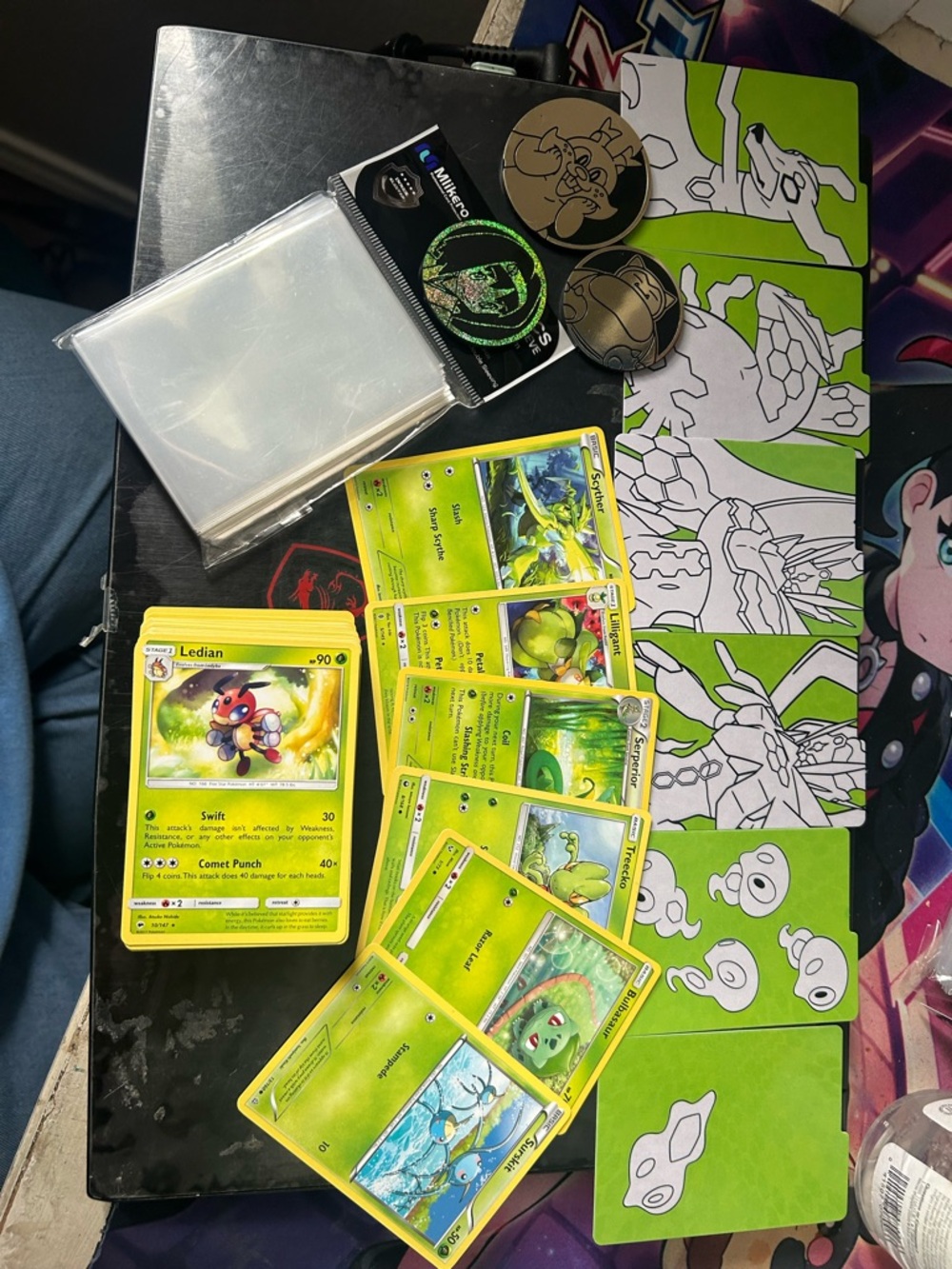 Pokémon Grass-Type Card Lot with Sleeves & Coins
